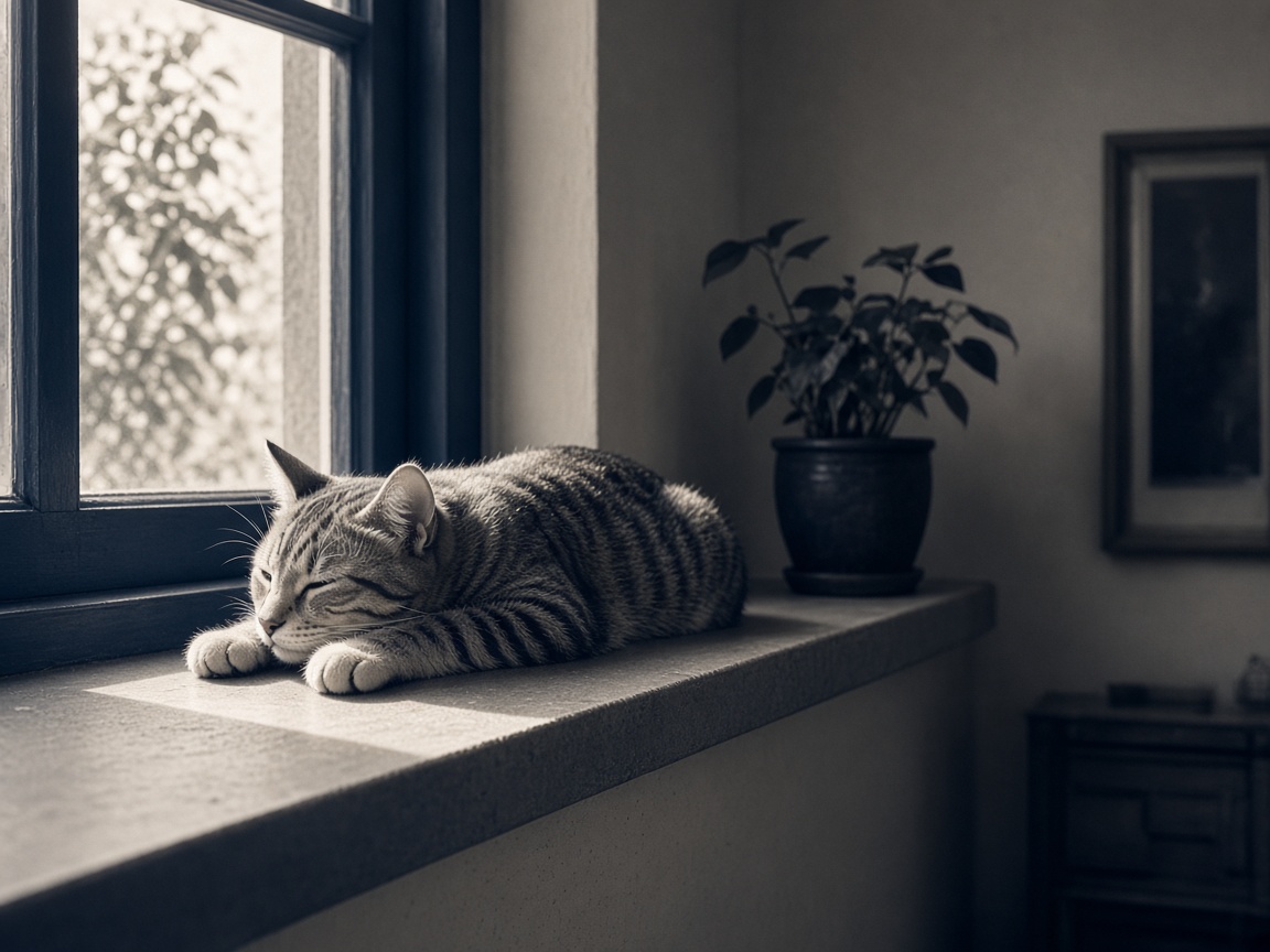 Tabby cat resting quietly on a sunlit windowsill
