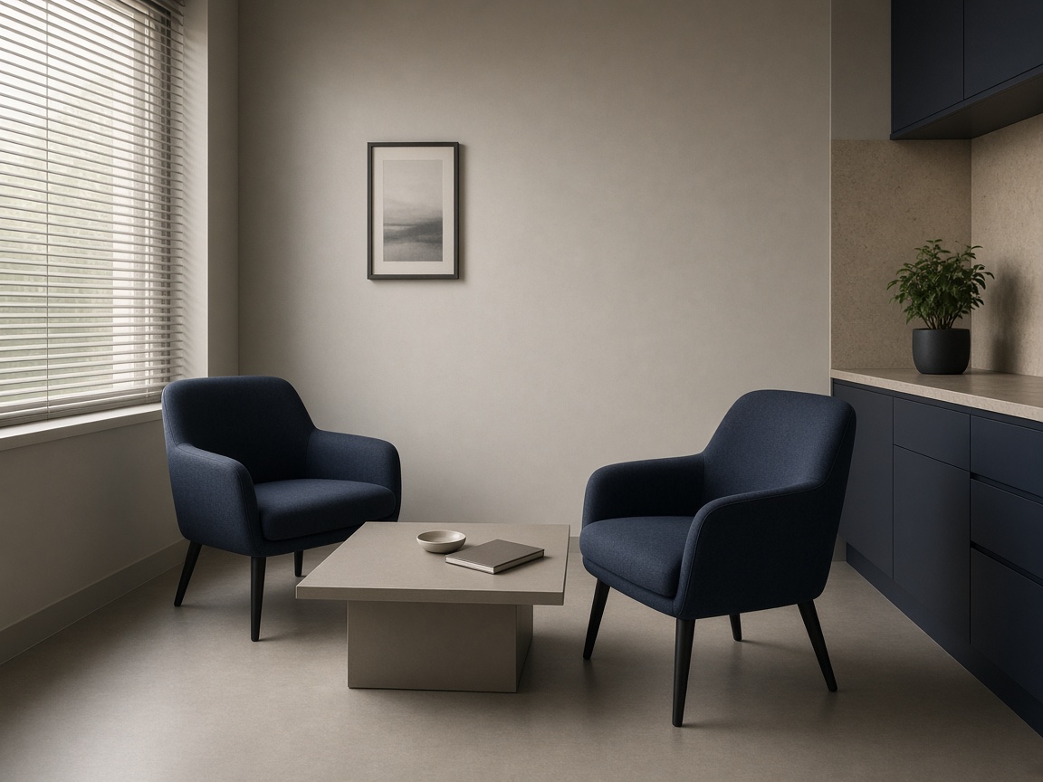 Quiet consultation room with facing chairs and soft daylight