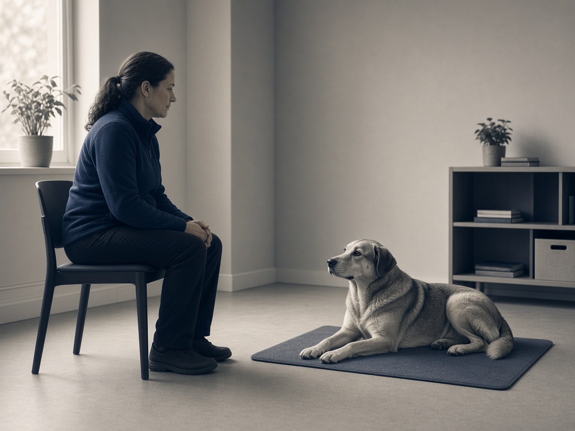 Clinician calmly observing a dog resting on a mat during a consultation