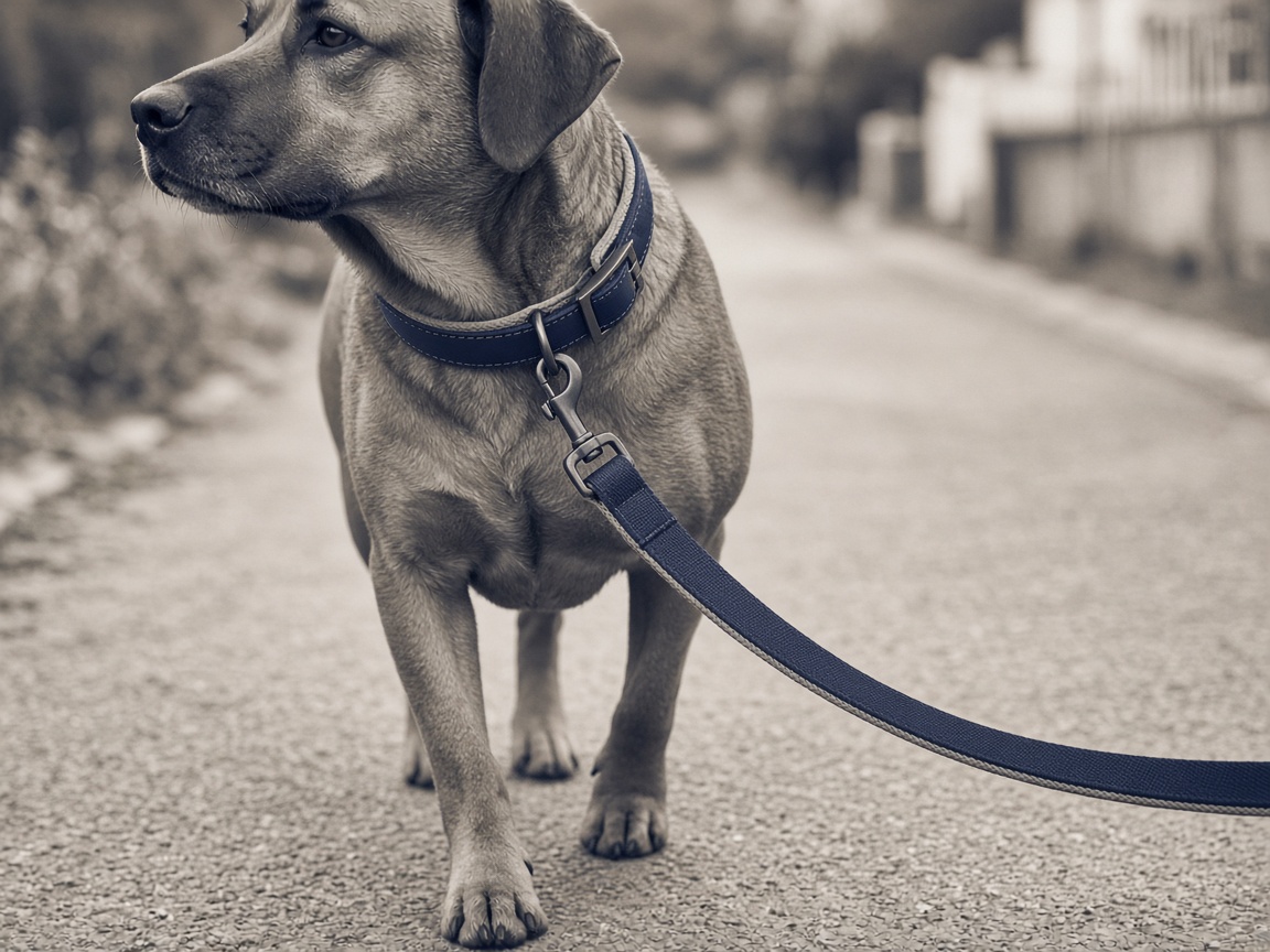 Close detail of a calm dog on a navy leash during outdoor practice